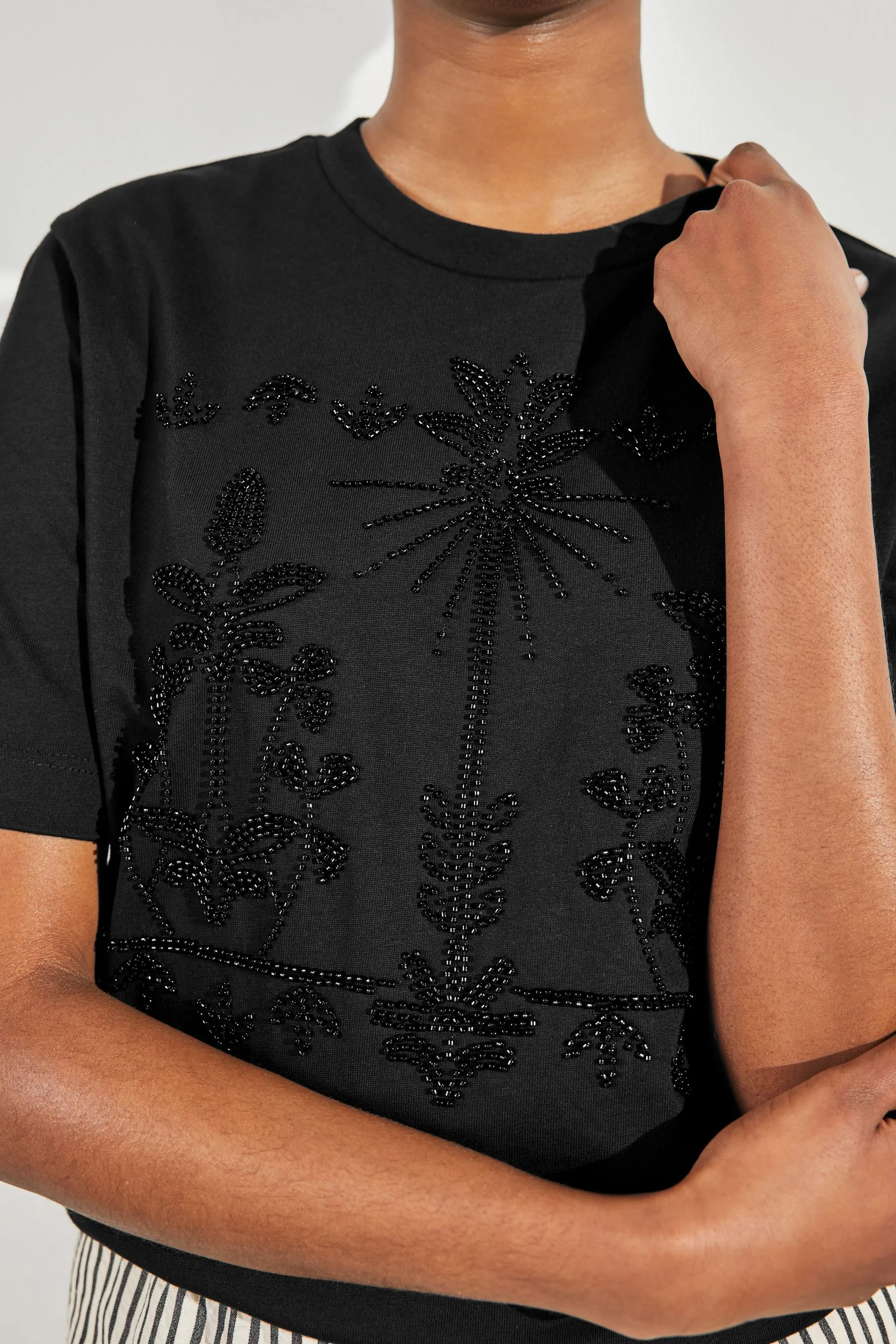 100% Cotone Palm Stampa Beaded Sparkle Holiday Maniche corte T-Shirt    