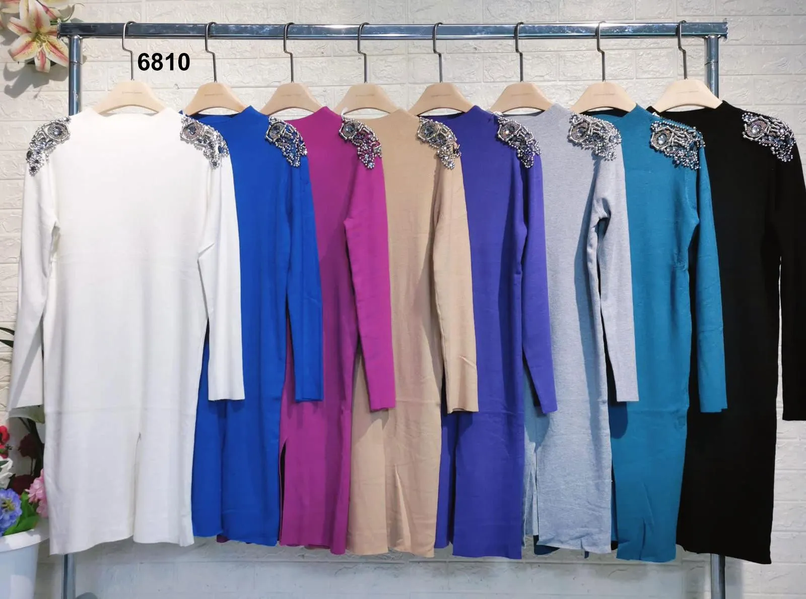 Abito Corto Casual Spalline Applicazione Strass e Perlina Vestito Elegante in 8 Colori - 6810