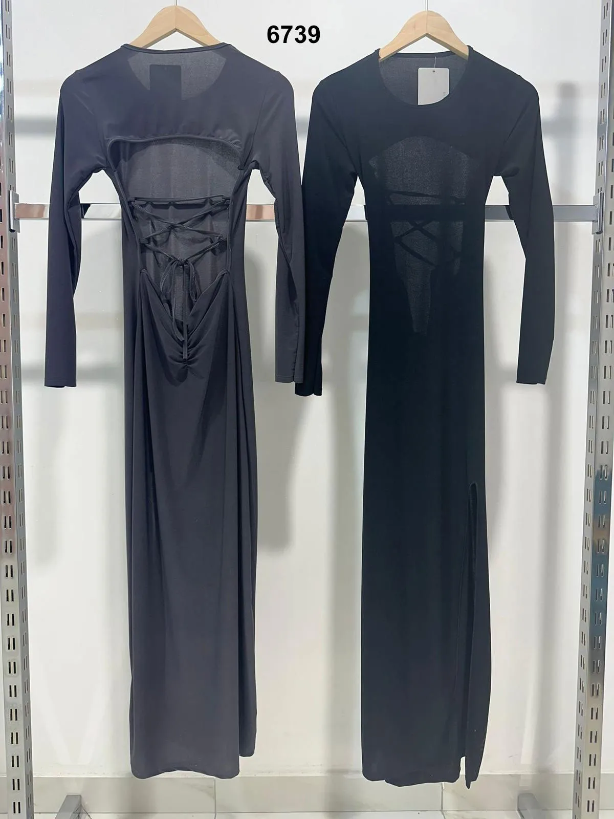 Abito Lungo Elegante Nero da Cerimonia Schiena Scoperta con Lacci Manica Lunga Vestito - 6739