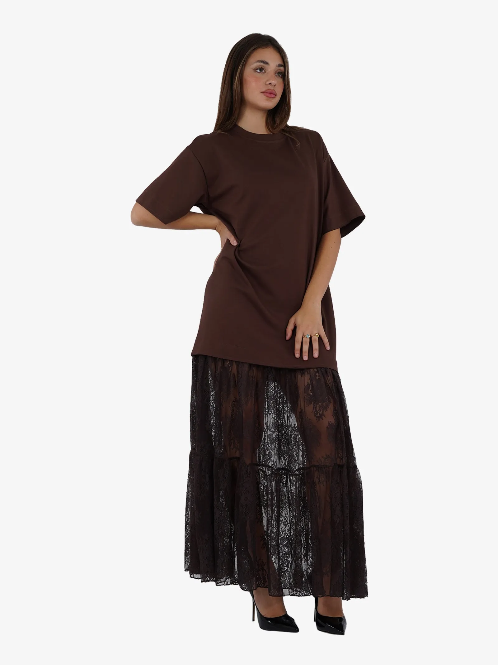 Abito lungo gonna in pizzo donna viscosa marrone
