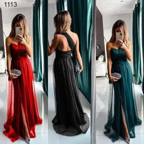 Abito Lungo in chiffon con cintura Modello Impero Vestito Elegante in 4 Colori - 1113
