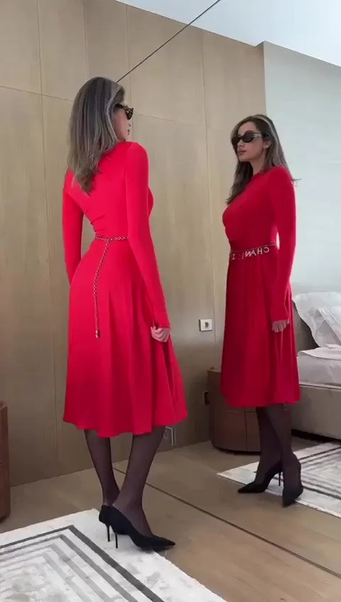 Abito Lungo Rosso Elegante Foro per Pollice Vestito Manica Lunga Midi Cocktail Evento - 7078