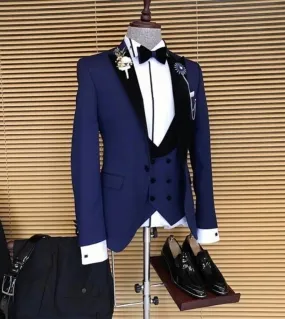 Affari Blu Scuro Gilet Doppio Petto Abiti Da Uomo 3 Pz Costume Homme Slim Fit Smoking Da Sposa Sposo Prom Terno Masculin