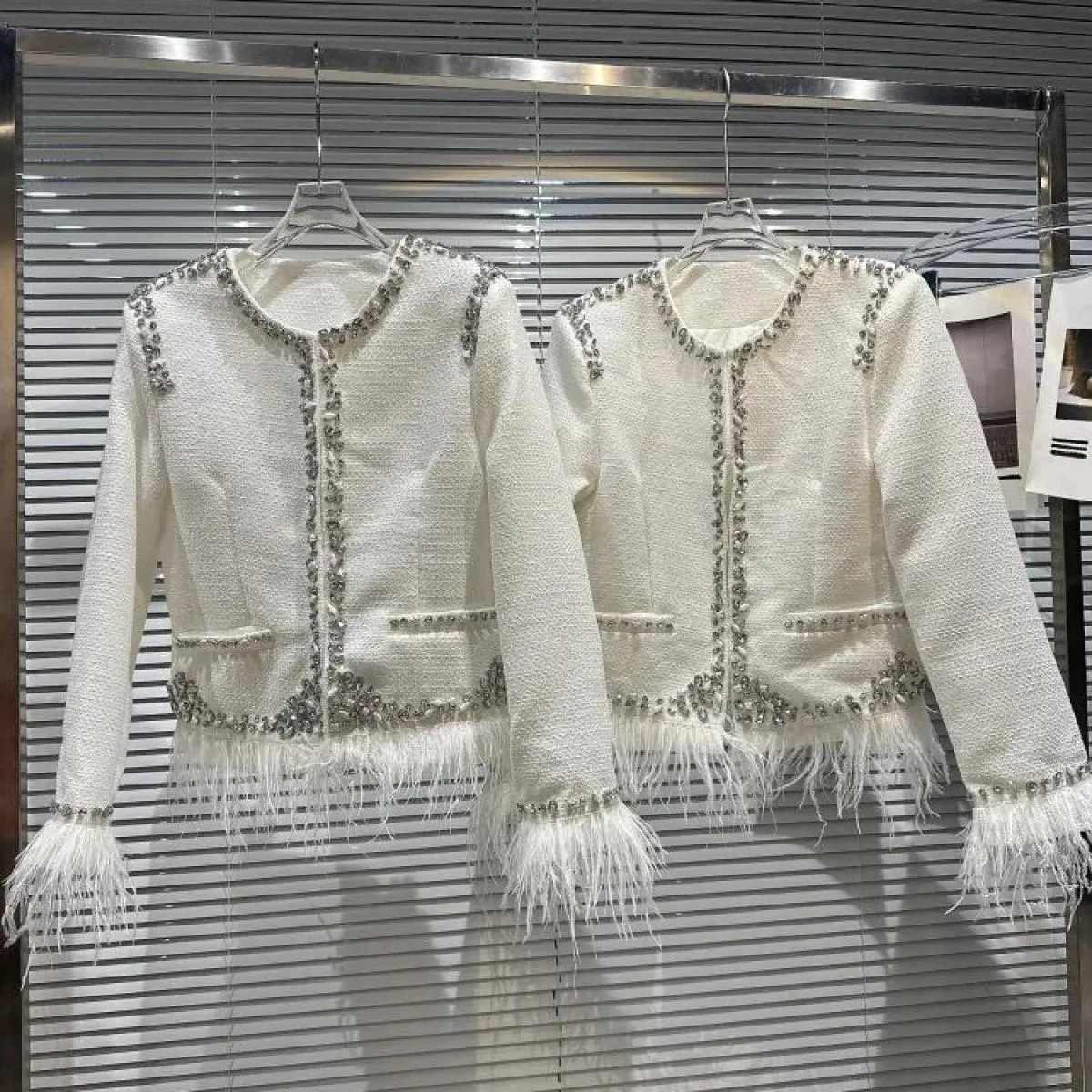 High Street Newest 2023 Fashion Designer Jacket Tops Giacca da donna in cotone con design a bordo vivo in struzzo con strass e p
