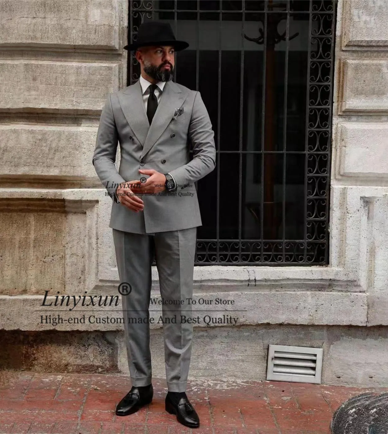Men Double Breasted Suits  Grey Double Breasted Suit  Wedding Groom Tuxedo  Fashion