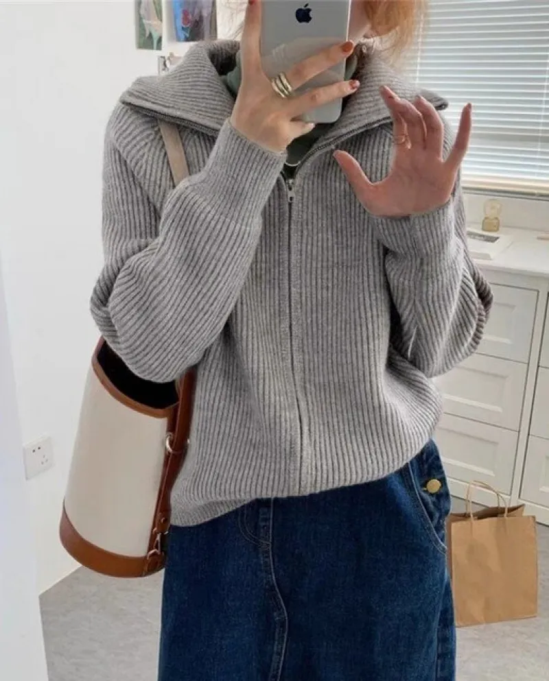 Womens Jacket Thick Knit Cardigan Zipper Design Lapel Sweater Women Women Dress Knitted Jacket Fall Winter Women Zip Up